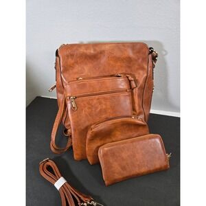 QIYUER Cognac Brown Faux Leather 4-Piece Handbag Set Hobo Crossbody Wallet OS